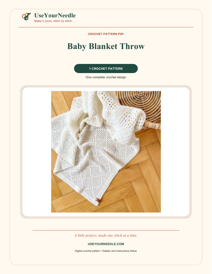 Actual preview: Baby Blanket Throw branded crochet PDF cover, included as a representative pattern.