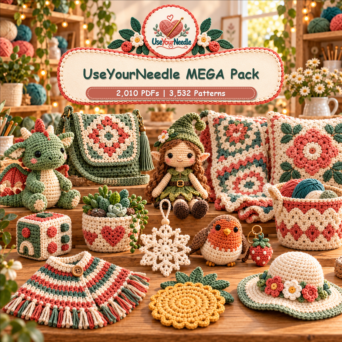 Illustrative UseYourNeedle MEGA Pack sampler showing many crochet projects across all nine categories; 2,010 PDFs and 3,532 patterns.