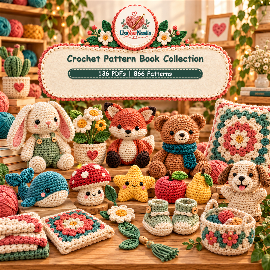 Illustrative UseYourNeedle cover showing a varied mix of crochet patterns from pattern books; bundle contains 136 PDFs and 866 patterns.