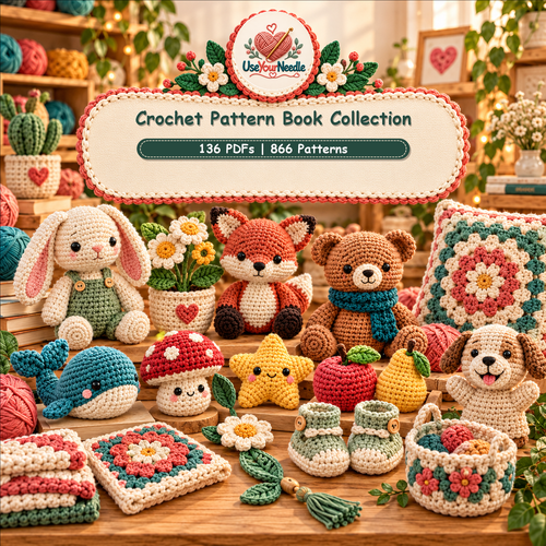 Illustrative UseYourNeedle cover showing a varied mix of crochet patterns from pattern books; bundle contains 136 PDFs and 866 patterns.