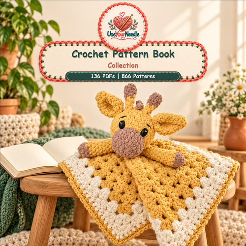 Illustrative crochet studio cover for Crochet Pattern Book Collection, featuring a crocheted giraffe lovey and the bundle's verified 136 PDFs and 866 patterns.