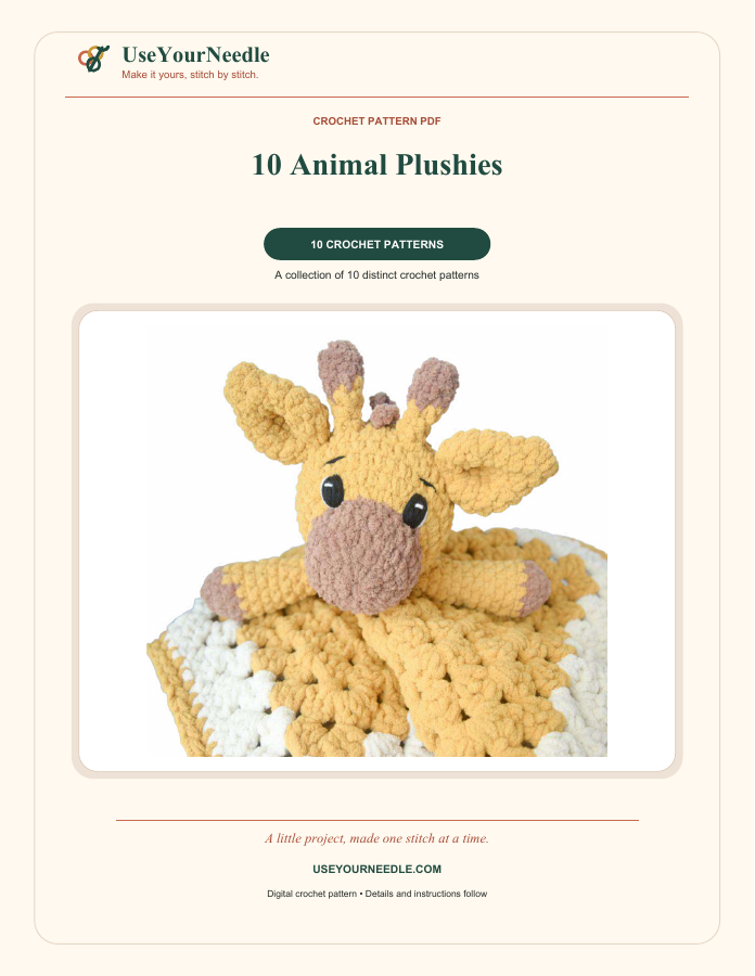 Actual preview: 10 Animal Plushies branded multi-pattern PDF cover, included as a representative file.