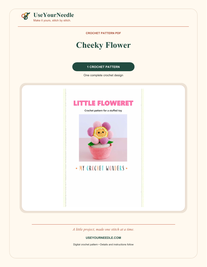 Actual preview: Cheeky Flower branded crochet PDF cover, included as a representative pattern.