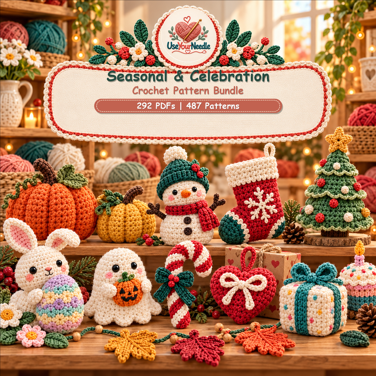 Illustrative UseYourNeedle cover showing crochet projects for different seasons and celebrations; bundle contains 292 PDFs and 487 patterns.