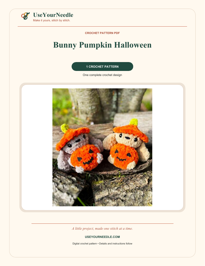 Actual preview: Bunny Pumpkin Halloween branded crochet PDF cover, included as a representative pattern.