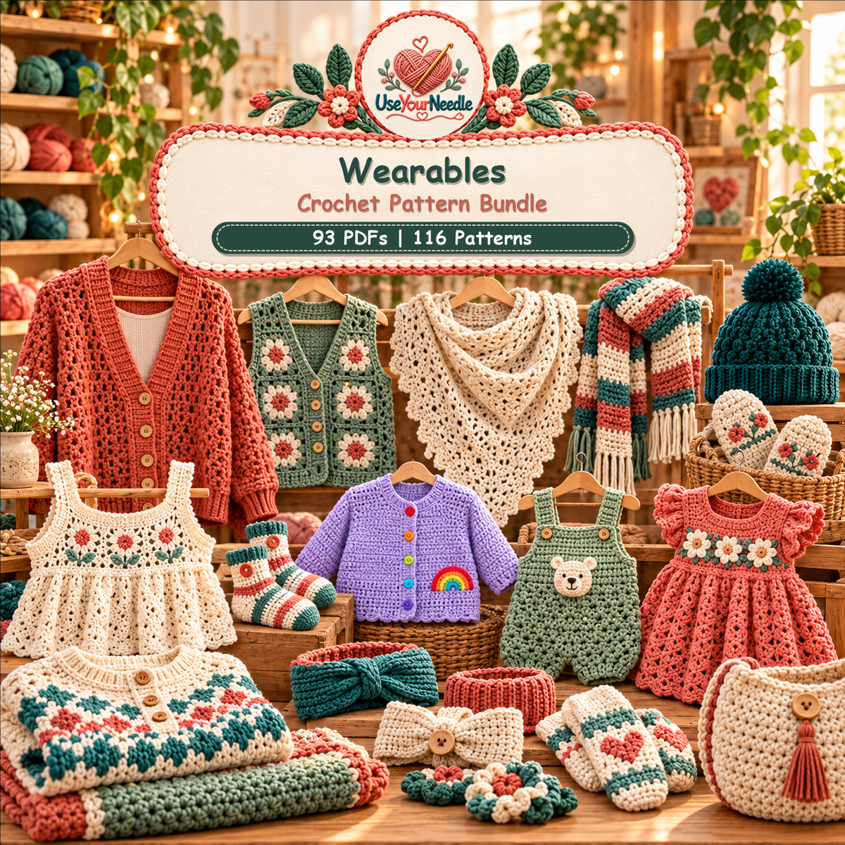 Illustrative UseYourNeedle cover showing a range of crochet garments and accessories together; bundle contains 93 PDFs and 116 patterns.
