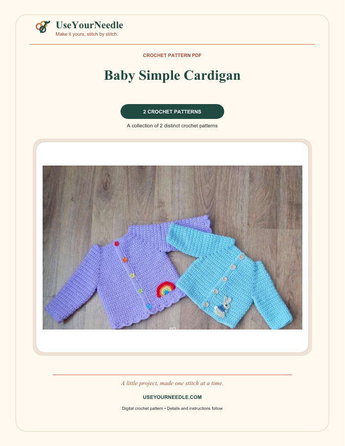 Actual preview: Baby Simple Cardigan branded crochet PDF cover, included as a representative pattern.