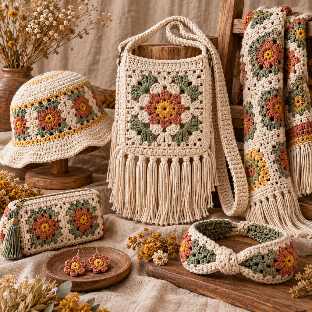 Illustrative wearable crochet collection artwork.
