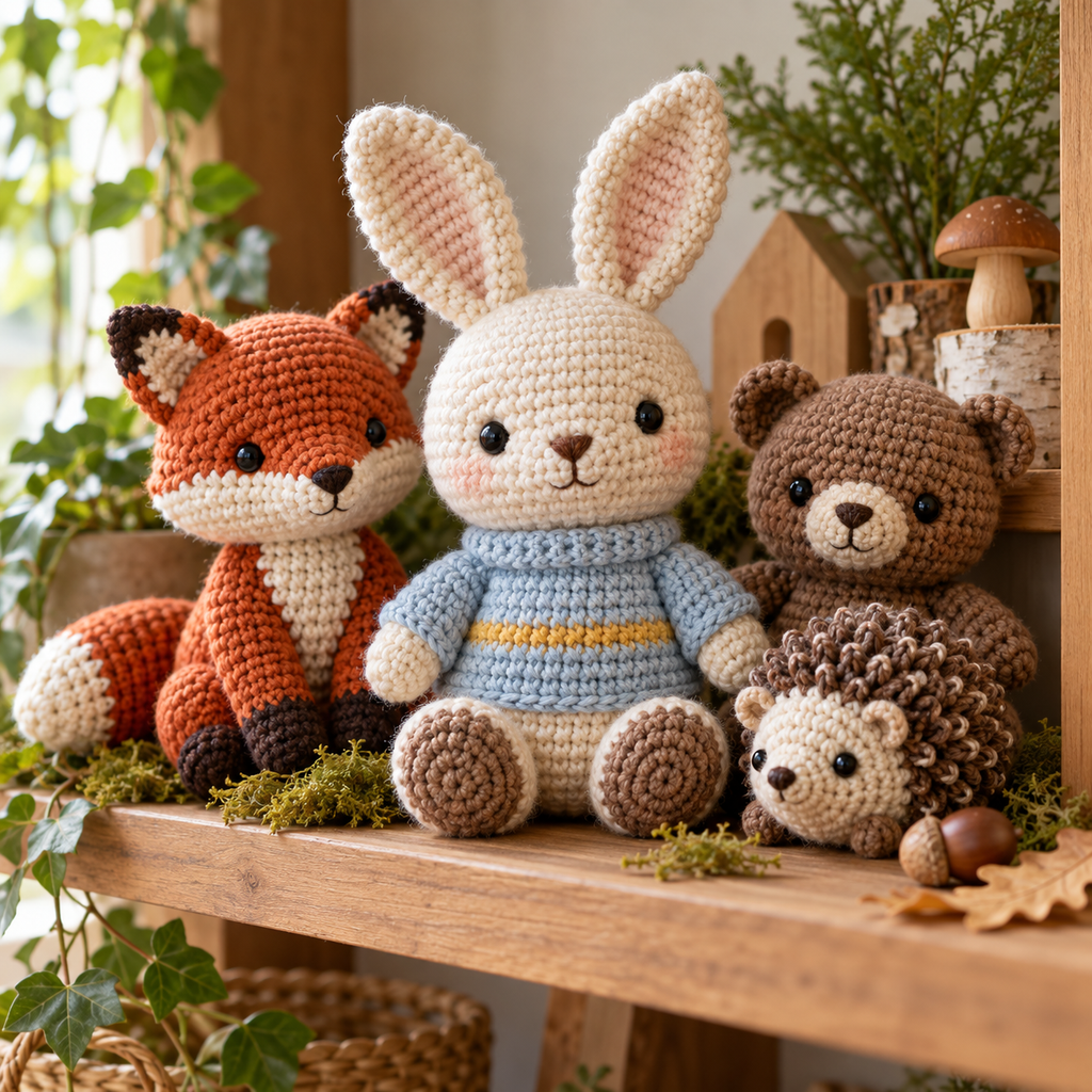 Illustrative woodland animal crochet artwork.