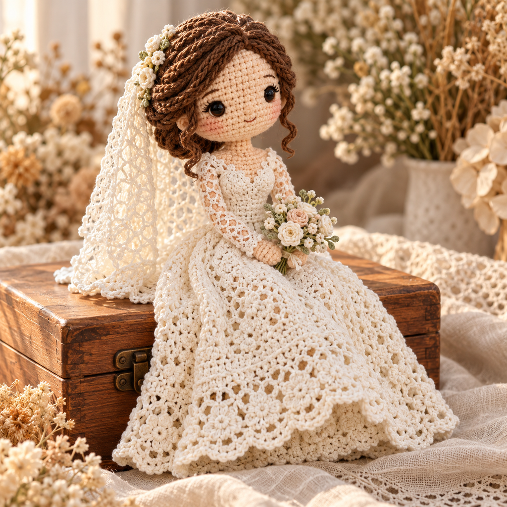 Illustrative crochet doll scene.